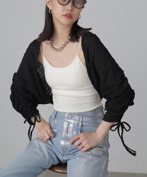 FREE'S MART（フリーズマート）の「◆シアーチェック袖シャーリングボレロ（カーディガン/ボレロ・レディース・ブラック/ホワイト/ライトグリーン・FREE）」の3枚目の写真