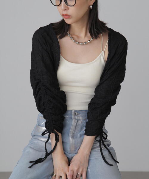 FREE'S MART（フリーズマート）の「◆シアーチェック袖シャーリングボレロ（カーディガン/ボレロ・レディース・ブラック/ホワイト/ライトグリーン・FREE）」の4枚目の写真