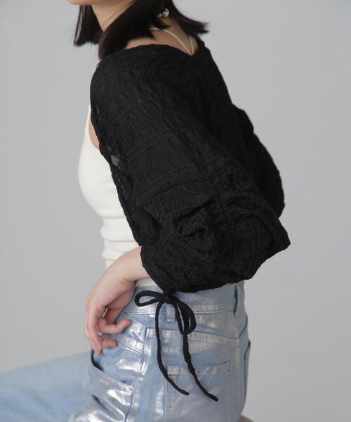 FREE'S MART（フリーズマート）の「◆シアーチェック袖シャーリングボレロ（カーディガン/ボレロ・レディース・ブラック/ホワイト/ライトグリーン・FREE）」の5枚目の写真