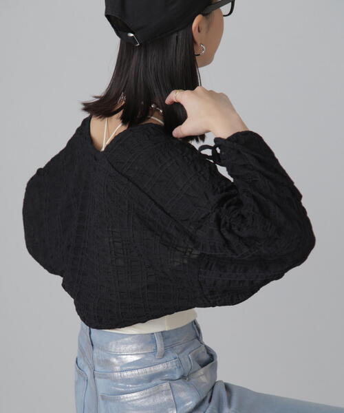 FREE'S MART（フリーズマート）の「◆シアーチェック袖シャーリングボレロ（カーディガン/ボレロ・レディース・ブラック/ホワイト/ライトグリーン・FREE）」の7枚目の写真