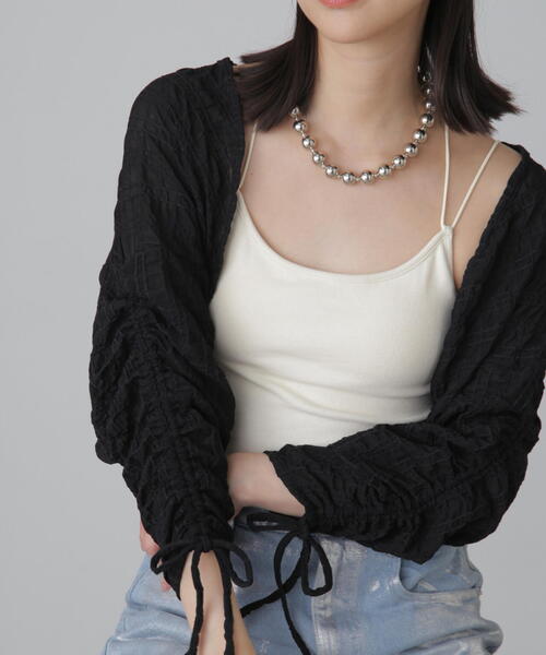 FREE'S MART（フリーズマート）の「◆シアーチェック袖シャーリングボレロ（カーディガン/ボレロ・レディース・ブラック/ホワイト/ライトグリーン・FREE）」の8枚目の写真