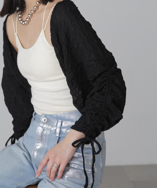 FREE'S MART（フリーズマート）の「◆シアーチェック袖シャーリングボレロ（カーディガン/ボレロ・レディース・ブラック/ホワイト/ライトグリーン・FREE）」の10枚目の写真
