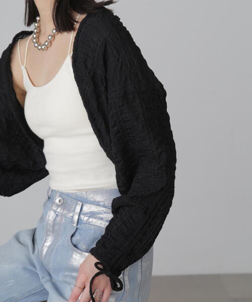 FREE'S MART（フリーズマート）の「◆シアーチェック袖シャーリングボレロ（カーディガン/ボレロ・レディース・ブラック/ホワイト/ライトグリーン・FREE）」の11枚目の写真