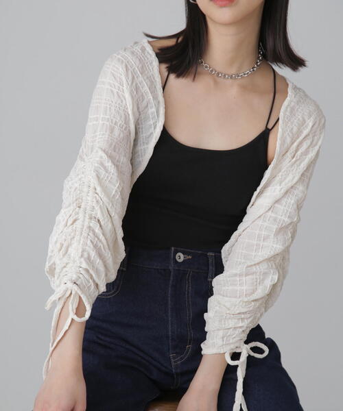 FREE'S MART（フリーズマート）の「◆シアーチェック袖シャーリングボレロ（カーディガン/ボレロ・レディース・ブラック/ホワイト/ライトグリーン・FREE）」の16枚目の写真