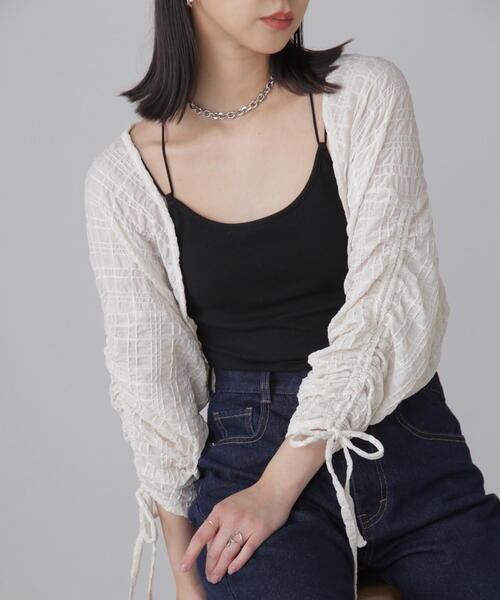 FREE'S MART（フリーズマート）の「◆シアーチェック袖シャーリングボレロ（カーディガン/ボレロ・レディース・ブラック/ホワイト/ライトグリーン・FREE）」の17枚目の写真