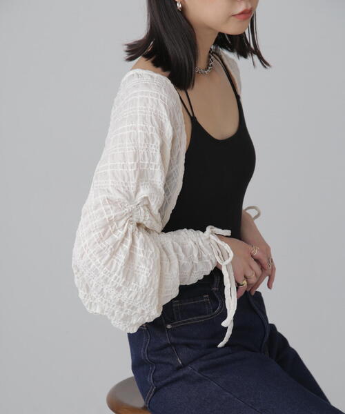 FREE'S MART（フリーズマート）の「◆シアーチェック袖シャーリングボレロ（カーディガン/ボレロ・レディース・ブラック/ホワイト/ライトグリーン・FREE）」の19枚目の写真