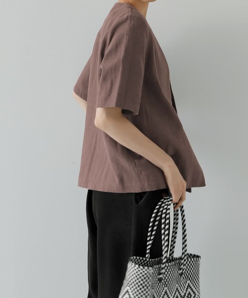 STYLE DELI(スタイルデリ)の「綿麻ノーカラー半袖ジャケット(ノーカラージャケット・レディース・ホワイト/ブラック/ブラウン系その他・FREE)」の6枚目の写真