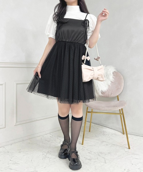 epine チュールワンピース　ミニワンピース épine tulle flower rib knit onepiece（2color） |
