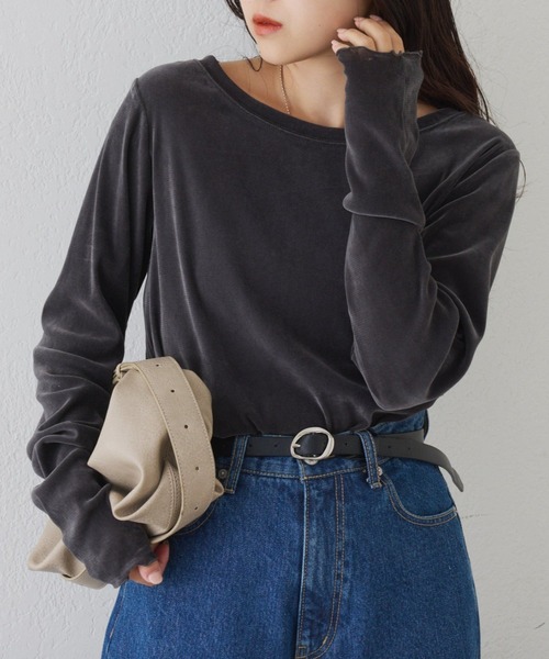 CIAOPANIC TYPY(チャオパニックティピー)の「【リバイバル】シアーフロッキーベロア見えメロートップス(Tシャツ/カットソー・レディース・オフホワイト/グレー/ブラック/イエロー/カーキ/ライトブラウン/ブラウン/チャコールグレー/ブルー/バーガンディー・ONE SIZE)」の4枚目の写真