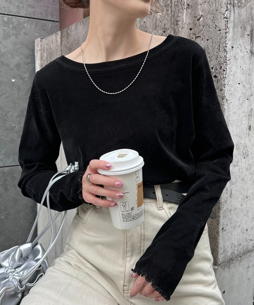 CIAOPANIC TYPY(チャオパニックティピー)の「【リバイバル】シアーフロッキーベロア見えメロートップス(Tシャツ/カットソー・レディース・オフホワイト/グレー/ブラック/イエロー/カーキ/ライトブラウン/ブラウン/チャコールグレー/ブルー/バーガンディー・ONE SIZE)」の15枚目の写真