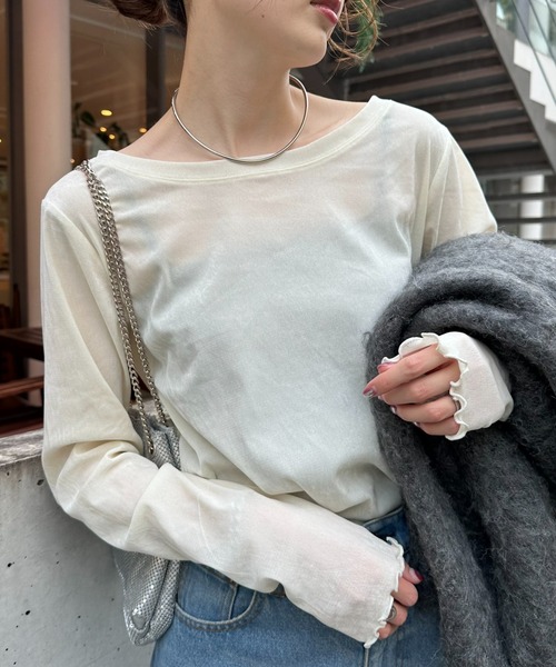 CIAOPANIC TYPY(チャオパニックティピー)の「【リバイバル】シアーフロッキーベロア見えメロートップス(Tシャツ/カットソー・レディース・オフホワイト/グレー/ブラック/イエロー/カーキ/ライトブラウン/ブラウン/チャコールグレー/ブルー/バーガンディー・ONE SIZE)」の11枚目の写真