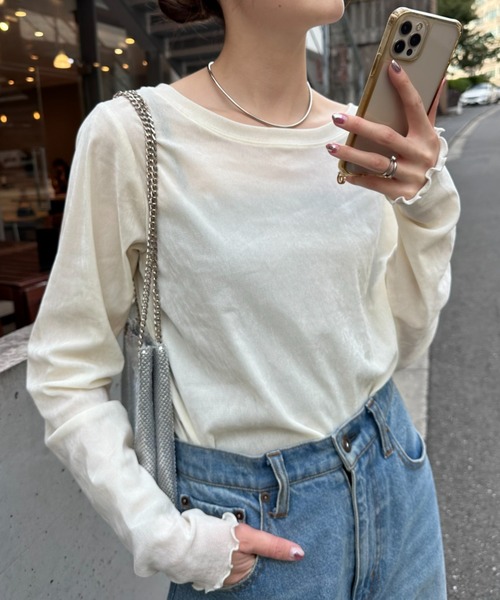 CIAOPANIC TYPY(チャオパニックティピー)の「【リバイバル】シアーフロッキーベロア見えメロートップス(Tシャツ/カットソー・レディース・オフホワイト/グレー/ブラック/イエロー/カーキ/ライトブラウン/ブラウン/チャコールグレー/ブルー/バーガンディー・ONE SIZE)」の13枚目の写真