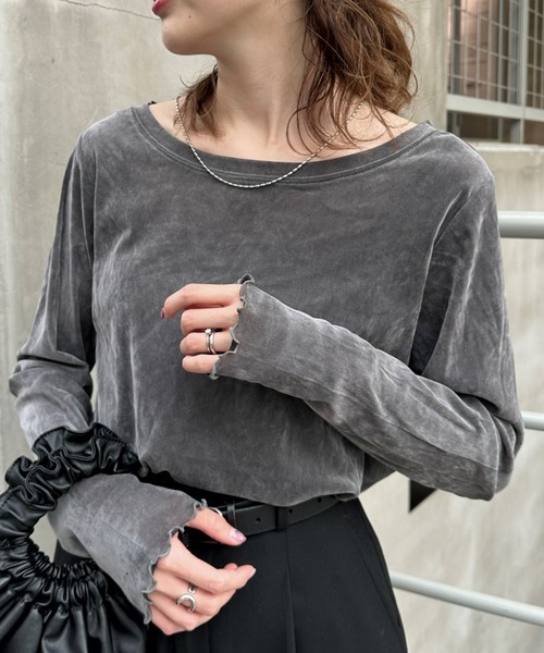 CIAOPANIC TYPY(チャオパニックティピー)の「【リバイバル】シアーフロッキーベロア見えメロートップス(Tシャツ/カットソー・レディース・オフホワイト/グレー/ブラック/イエロー/カーキ/ライトブラウン/ブラウン/チャコールグレー/ブルー/バーガンディー・ONE SIZE)」の19枚目の写真