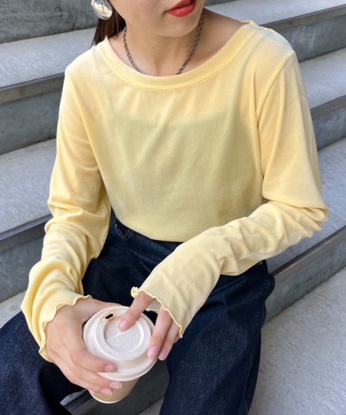 チャオパニック カットソー シャツ トップス レディース Fサイズ ブルー系 Ciaopanic リバイバルシアーフロッキーベロア見えメロートップス（Tシャツ