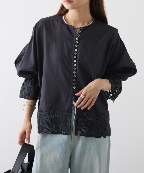 PUAL CE CIN（ピュアルセシン）の「袖裾レース前開きブラウス（シャツ