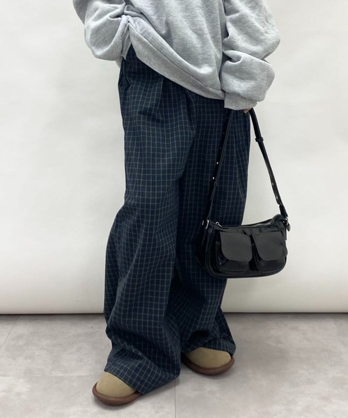 ワイドレッグ パンツ ピンタック シンプル ユニセックス L2395 ストレッチ サージ ピンタック イージー ワイドパンツ