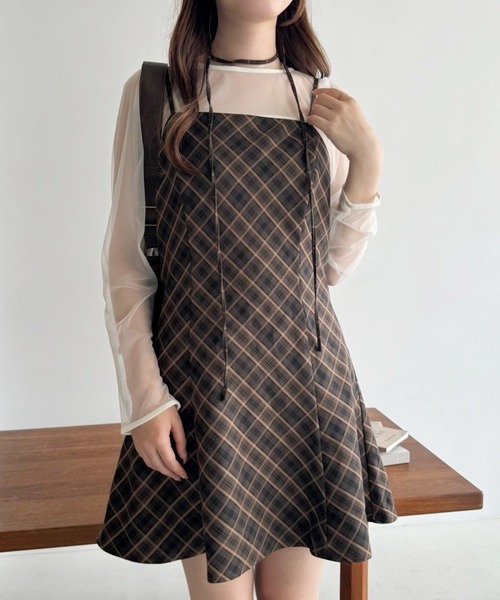 one after another NICE CLAUP（ワンアフターアナザーナイスクラップ）の「【2点セット】シアートップス+ミニキャミワンピース（ワンピース・レディース・ホワイト×ブラック/ブラウン系その他/アイボリー系・FREE）」の11枚目の写真