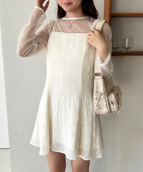 one after another NICE CLAUP（ワンアフターアナザーナイスクラップ）の「【2点セット】シアートップス+ミニキャミワンピース（ワンピース・レディース・ホワイト×ブラック/ブラウン系その他/アイボリー系・FREE）」の5枚目の写真