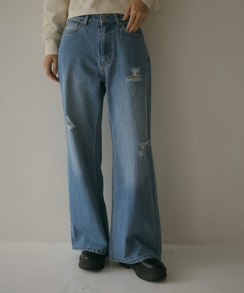 N WITH.(エヌウィズ)の「ダメージデニムワイドパンツ(デニムパンツ・レディース・グレー/ブルー・XS/S/M)」の2枚目の写真