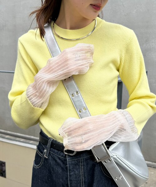 CIAOPANIC TYPY(チャオパニックティピー)の「袖シアーリブニット(ニット/セーター・レディース・ピンク/レッド/ミント/イエロー/ブラック/オフホワイト/グレー・ONE SIZE)」の8枚目の写真