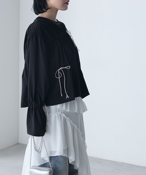 forksy.】メニーシャーリング 配色リボン デザインカットソー