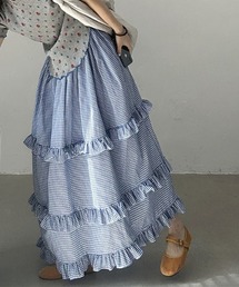 ギンガムチェックフリル付きティアードロングスカート