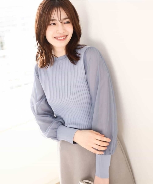 OFUON le MK(オフオンルエムケー)の「シフォンチュール袖ニット/洗える/WEB限定サイズあり(ニット/セーター・レディース・ブルー/ネイビー/ホワイト・36/38/40)」の15枚目の写真