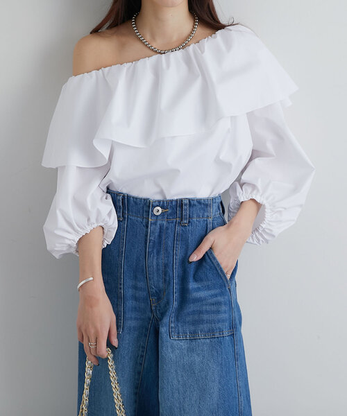 ブラウス シャツ 「最強華やぎ」ワンショルラッフルフリルブラウス レディース セール】【最強華やぎ◎】ワンショルラッフルフリルブラウス
