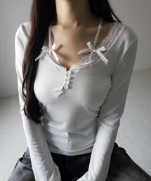 【 2color 】ストラップダブルリボンレースカットソートップス / strap double ribbon lace cutsew tops ※※