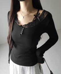 【 ２color 】ストラップダブルリボンレースカットソートップス ／ strap double ribbon lace cutsew tops