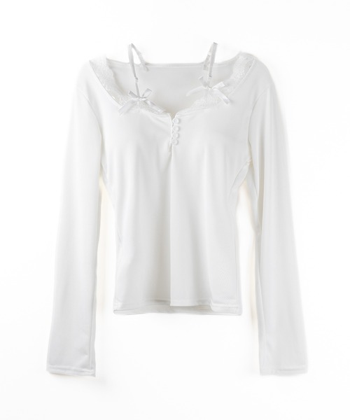 me+em select(ミームセレクト)の「【 2color 】ストラップダブルリボンレースカットソートップス / strap double ribbon lace cutsew tops(Tシャツ/カットソー・レディース・ブラック/ホワイト・FREE)」の3枚目の写真