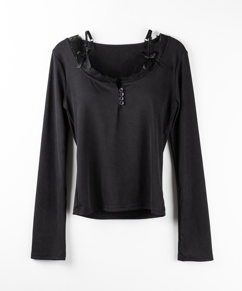 me+em select(ミームセレクト)の「【 2color 】ストラップダブルリボンレースカットソートップス / strap double ribbon lace cutsew tops(Tシャツ/カットソー・レディース・ブラック/ホワイト・FREE)」の4枚目の写真