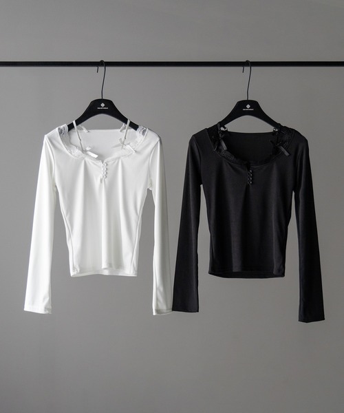me+em select(ミームセレクト)の「【 2color 】ストラップダブルリボンレースカットソートップス / strap double ribbon lace cutsew tops(Tシャツ/カットソー・レディース・ブラック/ホワイト・FREE)」の12枚目の写真