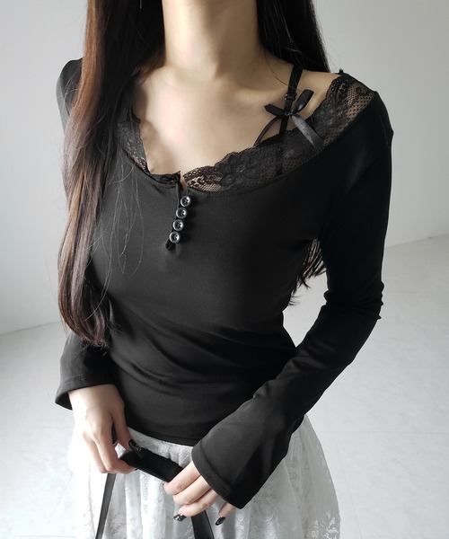 me+em select(ミームセレクト)の「【 2color 】ストラップダブルリボンレースカットソートップス / strap double ribbon lace cutsew tops(Tシャツ/カットソー・レディース・ブラック/ホワイト・FREE)」の15枚目の写真