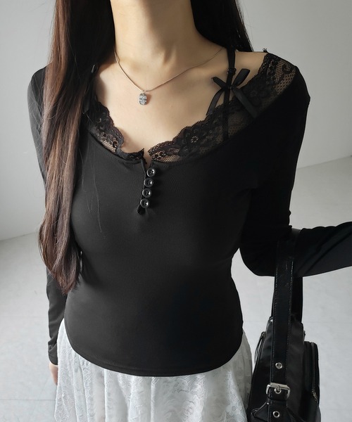 me+em select(ミームセレクト)の「【 2color 】ストラップダブルリボンレースカットソートップス / strap double ribbon lace cutsew tops(Tシャツ/カットソー・レディース・ブラック/ホワイト・FREE)」の16枚目の写真