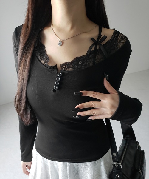 me+em select(ミームセレクト)の「【 2color 】ストラップダブルリボンレースカットソートップス / strap double ribbon lace cutsew tops(Tシャツ/カットソー・レディース・ブラック/ホワイト・FREE)」の18枚目の写真