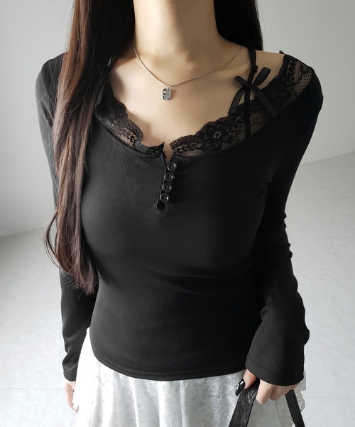 me+em select(ミームセレクト)の「【 2color 】ストラップダブルリボンレースカットソートップス / strap double ribbon lace cutsew tops(Tシャツ/カットソー・レディース・ブラック/ホワイト・FREE)」の8枚目の写真