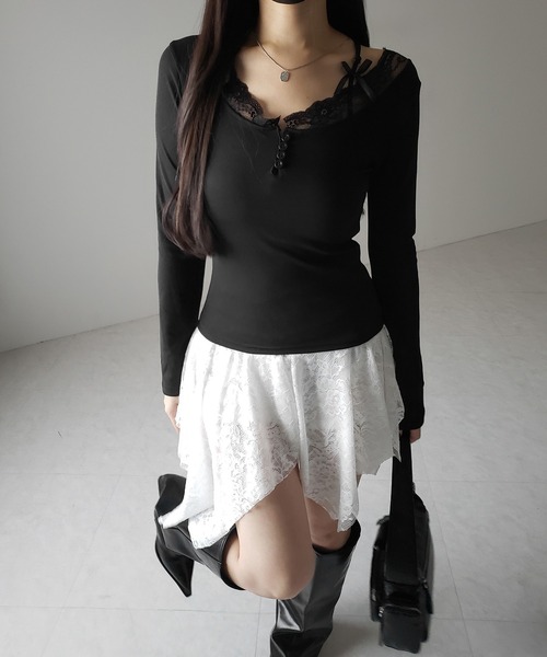 me+em select(ミームセレクト)の「【 2color 】ストラップダブルリボンレースカットソートップス / strap double ribbon lace cutsew tops(Tシャツ/カットソー・レディース・ブラック/ホワイト・FREE)」の9枚目の写真