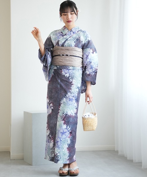朝顔　紫色　果実　有松絞り　絞り染め　絞り浴衣　浴衣　NO44 有松絞り浴衣3点セット utatane 赤紫に流れる朝顔（浴衣