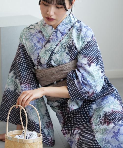 有松絞り浴衣3点セット utatane 赤紫に流れる朝顔（浴衣