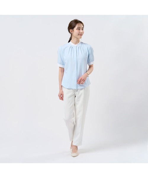 TOKYO SHIRTS（トウキョウシャツ）の「COFREX スタンド ギャザー五分袖ブラウス  レディースシャツ（シャツ/ブラウス・レディース・ブルー・S/LL/XL/M/L）」の9枚目の写真