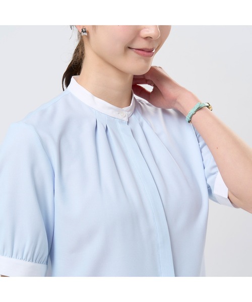 TOKYO SHIRTS（トウキョウシャツ）の「COFREX スタンド ギャザー五分袖ブラウス  レディースシャツ（シャツ/ブラウス・レディース・ブルー・S/LL/XL/M/L）」の7枚目の写真