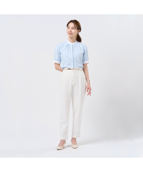 TOKYO SHIRTS（トウキョウシャツ）の「COFREX スタンド ギャザー五分袖ブラウス  レディースシャツ（シャツ/ブラウス・レディース・ブルー・S/LL/XL/M/L）」の8枚目の写真