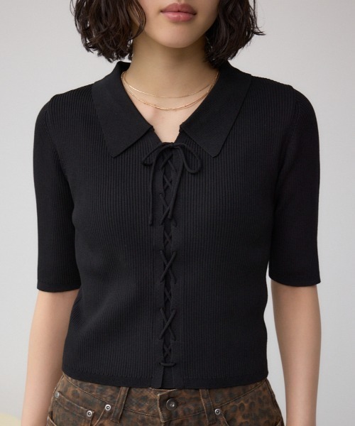 AZUL by moussy（アズールバイマウジー）の「レースアップ5分袖ポロカラーニット（ニット/セーター・レディース・アイボリー/ライム/ブラック・FREE）」の2枚目の写真