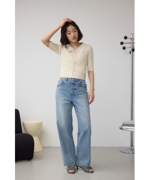 AZUL by moussy（アズールバイマウジー）の「レースアップ5分袖ポロカラーニット（ニット/セーター・レディース・アイボリー/ライム/ブラック・FREE）」の6枚目の写真