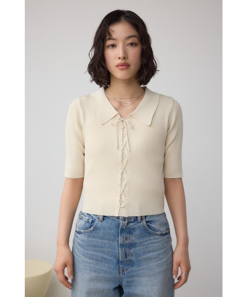 AZUL by moussy（アズールバイマウジー）の「レースアップ5分袖ポロカラーニット（ニット/セーター・レディース・アイボリー/ライム/ブラック・FREE）」の7枚目の写真