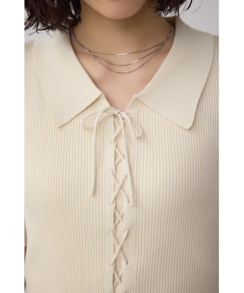 AZUL by moussy（アズールバイマウジー）の「レースアップ5分袖ポロカラーニット（ニット/セーター・レディース・アイボリー/ライム/ブラック・FREE）」の10枚目の写真
