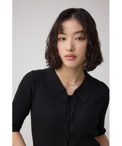 AZUL by moussy（アズールバイマウジー）の「レースアップ5分袖ポロカラーニット（ニット/セーター・レディース・アイボリー/ライム/ブラック・FREE）」の13枚目の写真