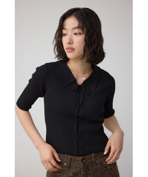 AZUL by moussy（アズールバイマウジー）の「レースアップ5分袖ポロカラーニット（ニット/セーター・レディース・アイボリー/ライム/ブラック・FREE）」の14枚目の写真