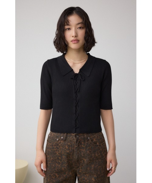 AZUL by moussy（アズールバイマウジー）の「レースアップ5分袖ポロカラーニット（ニット/セーター・レディース・アイボリー/ライム/ブラック・FREE）」の16枚目の写真